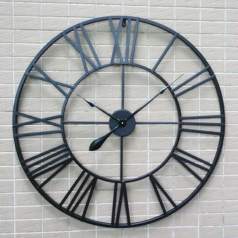 

80cm Modern 3D Large Retro Black Iron Art Hollow Wall Clock Roman Numerals Home Decor