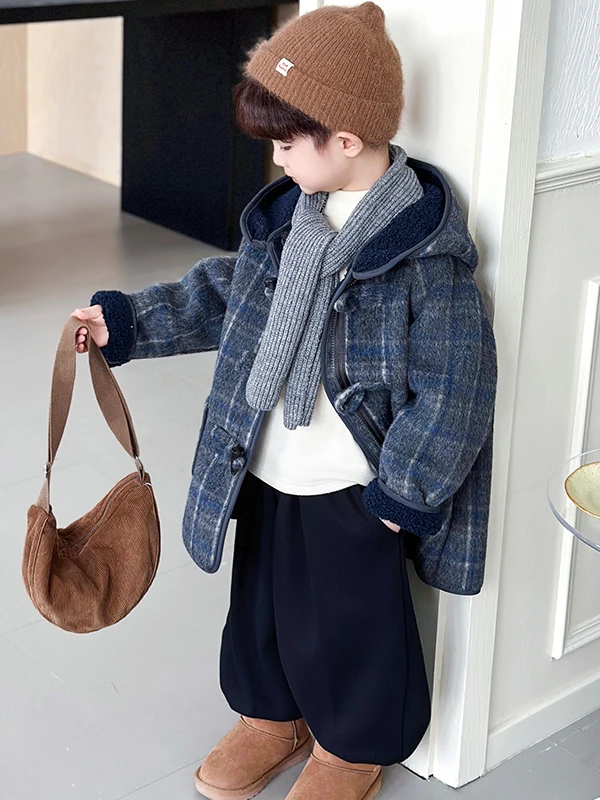 

Thiened Plaid Hooded Coat for Boys Blue Cotton Warm Faionable Mid-Length Outerwear for Teenagers in Winter