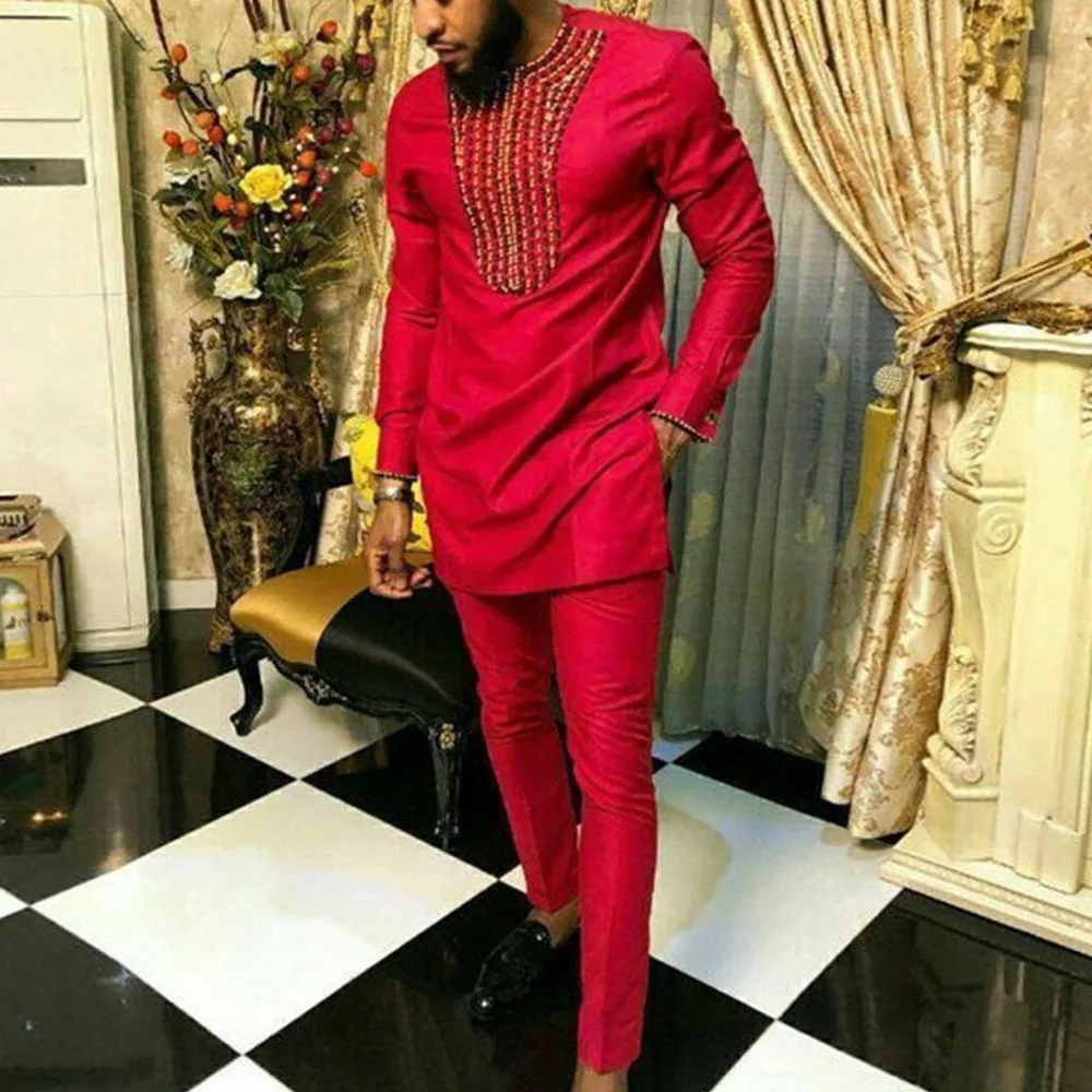 Red 2-piece Young Men's Shirt Celebrity Hot Sale New Arrival Plus Size M-4XL Casual Date Party Wear Handsome Gorgeous Set