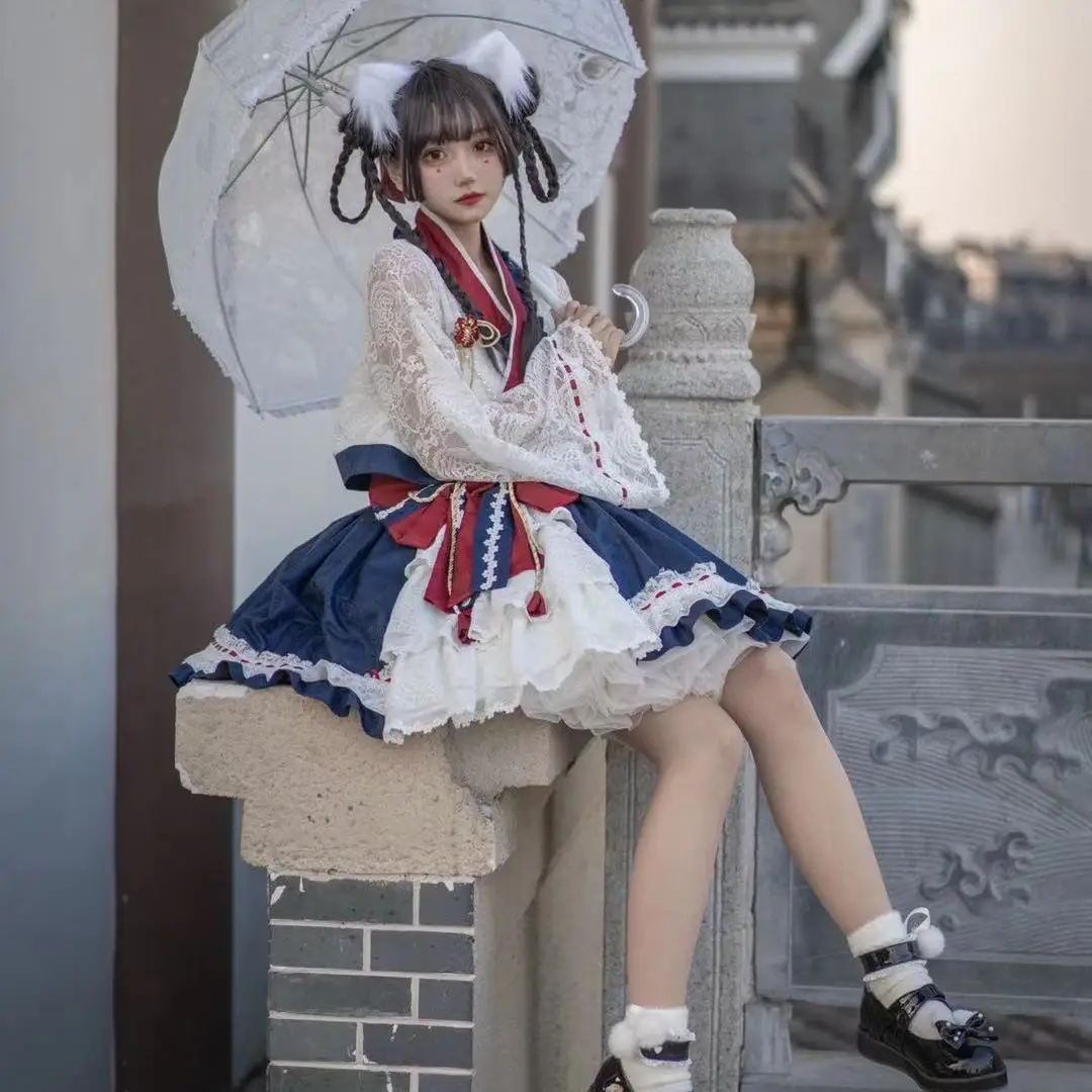 

Original Design Lolita Top Half Skirt Set Cos Lolita and Wind White Xueji OP Top Sweet Tea Party Half Skirt Set