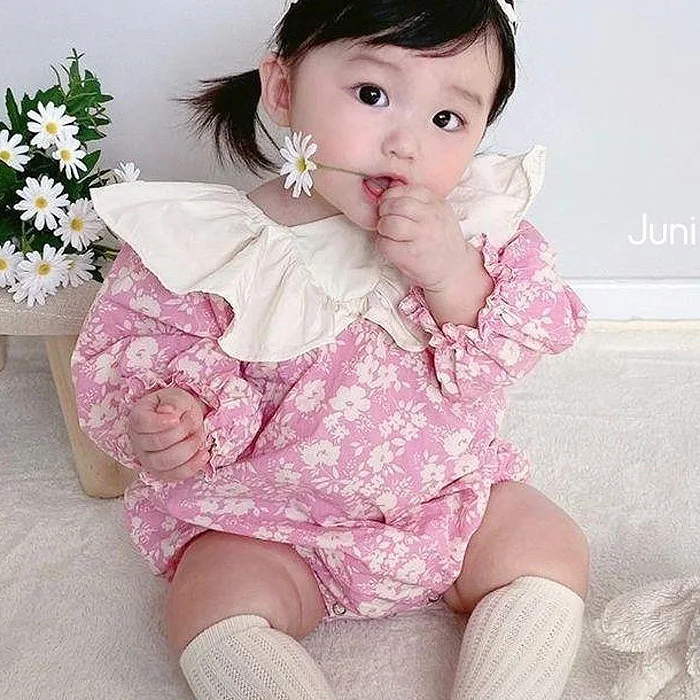 Korean Style Baby Girls Clothes Jumpsuit Print Turn-down Collar Cotton Soft Long Sleeve Fashion New Pretty