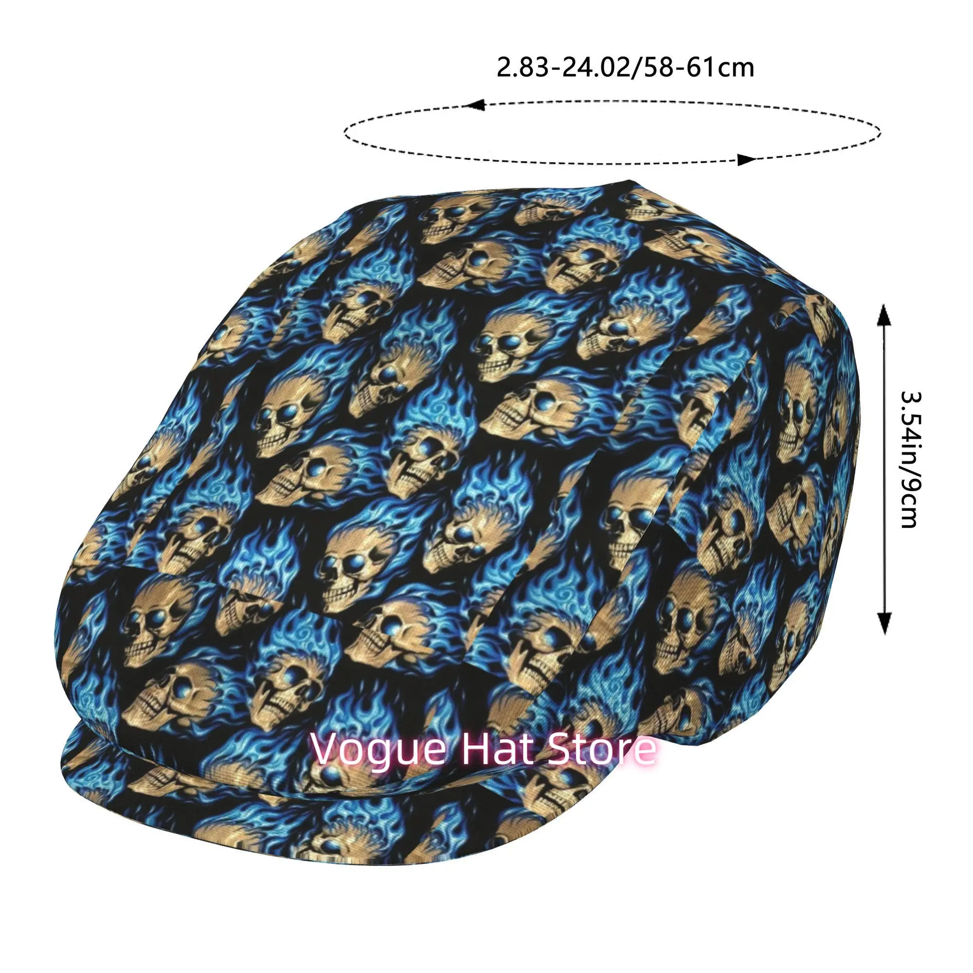 1pc Cool Dark Repeated Flame Skulls All-over printed beret,  newsboy cap, unisex, a must-have fashion accessory for outdoor leis
