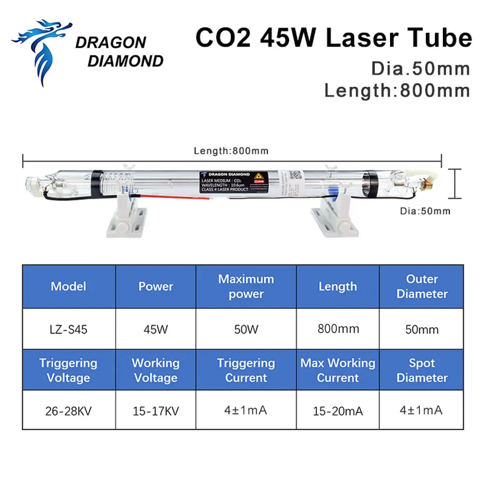 Cabeça do metal para a gravura do laser do CO2 e a máquina de corte, tubo do CO2, diâmetro 50mm, comprimento 800mm, 45W