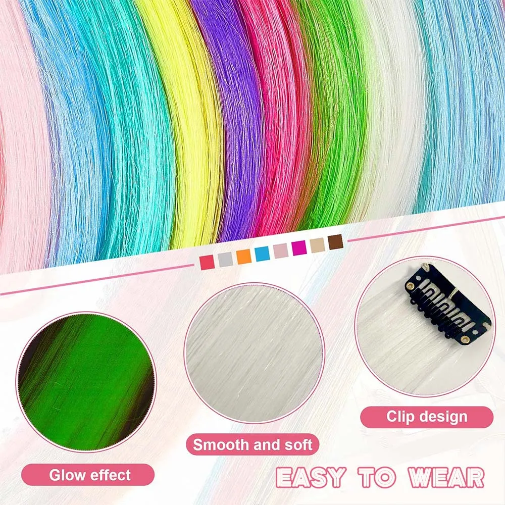 5pcs Luminous Hair Pieces Synthetic Neon Fake Hair Clip In Party Hair Accessories Y2K Glow In The Dark Hair Extension