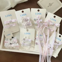 Pink Plaid Bow Pearl Barrettes Rhinestone Lace Lace Children's BB Clip Hairpin Hair Rope Set Female Hair Accessories
