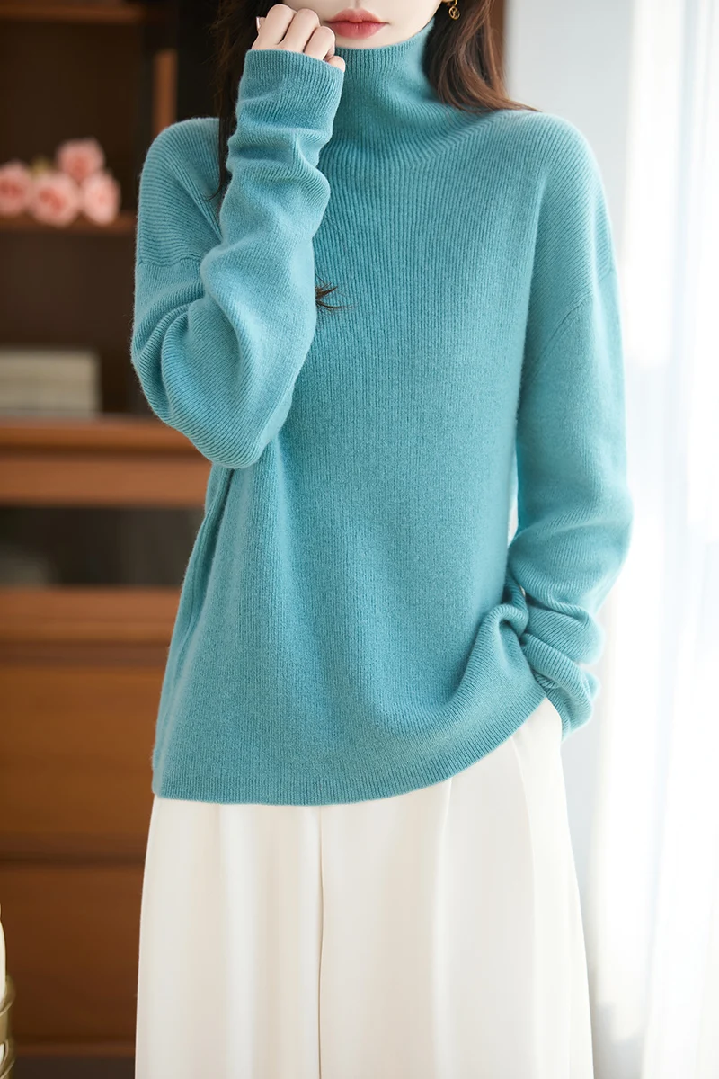 

Women 100% Merino Wool Thickening Sweater High Neck Knitted Pullover Autumn Winter Soft Leisure Warm Casual Clothing Base Tops