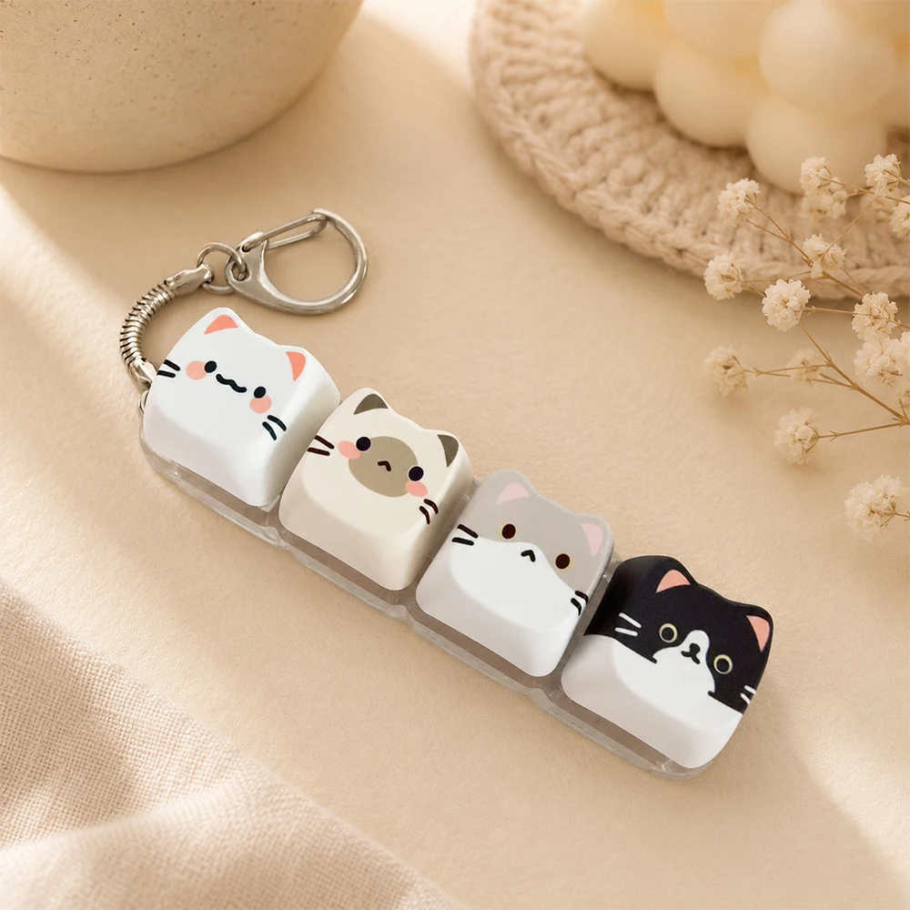 Schattig katten relaxknop toetsenbordknopje, Kawaii katten 4-toetsen toetsenbord fidget toy voor vrienden cadeau, draagbare fidget sleutelhanger mode tas charme
