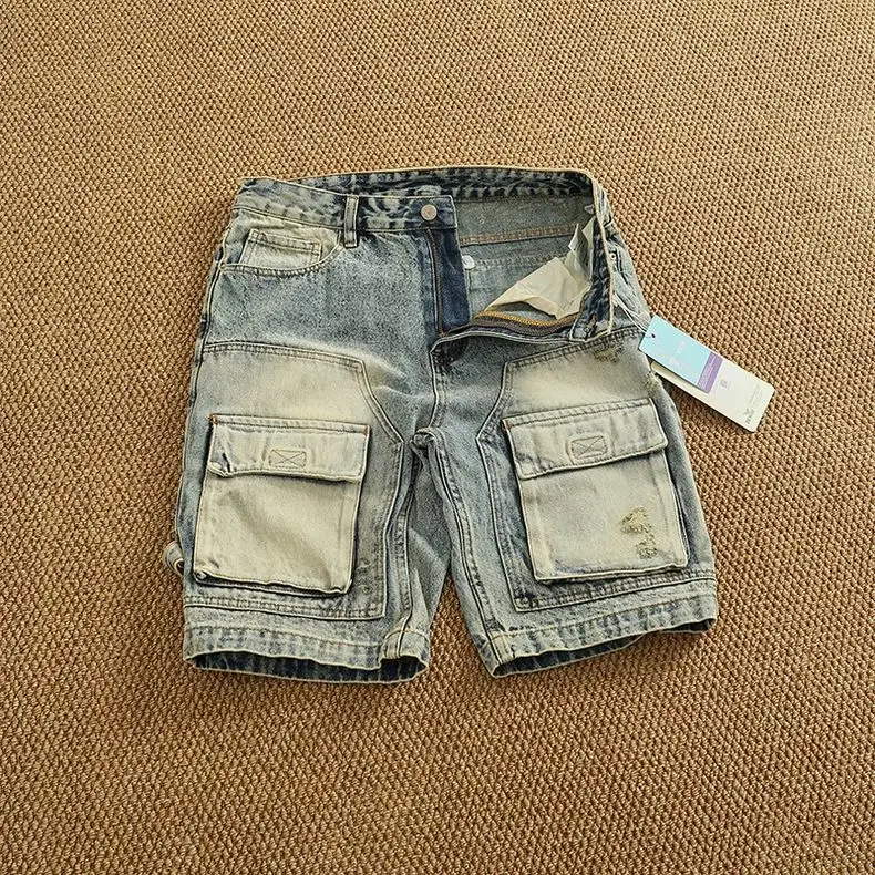 

Summer Popular Denim Medium Pants Fashion Men High Street Trend Fashion Baggy Multi-pocket Cargo Quarter Pants Shorts for Men