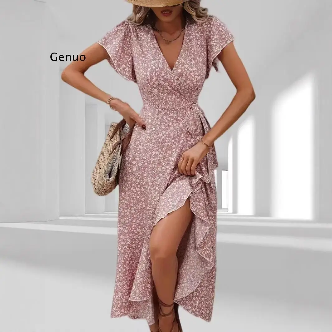 2026 Damen Wickelkleid mit Blumenmuster, V-Ausschnitt und Rüschensaum für lässige Sommerabende