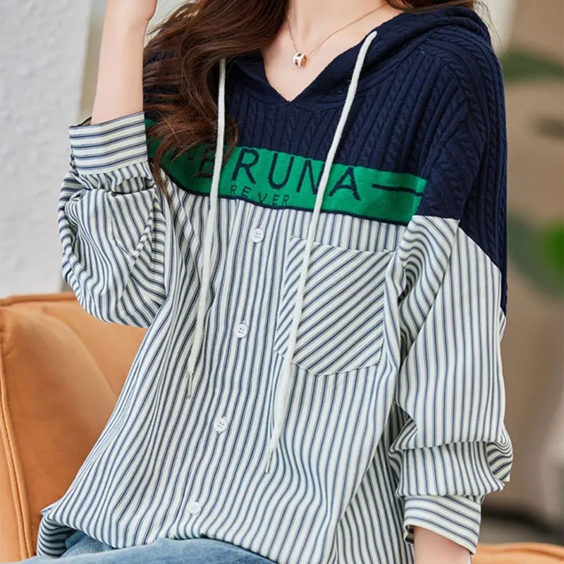 Korean Loose Hooded Striped Blouse Women\'s Clothing Letter Knitted Patchwork 2023 Spring Autumn Casual Drawstring Pockets Shirt