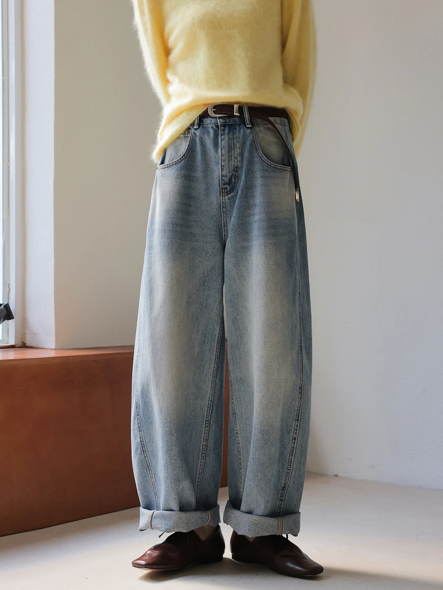 

Джинсы JWUNIQUE Retro Series, светло-голубые, с вырезами спереди, свободные, фасон «бананы», женские, осенние, с высокой талией, из хлопка