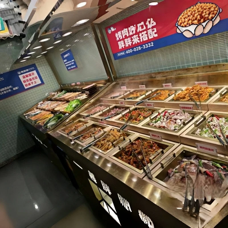 ثلاجة عرض أفقية مبردة بالهواء لشواية أسياخ الوعاء الساخن - مثالية لعرض توابل اللحوم الطازجة على طراز البوفيه