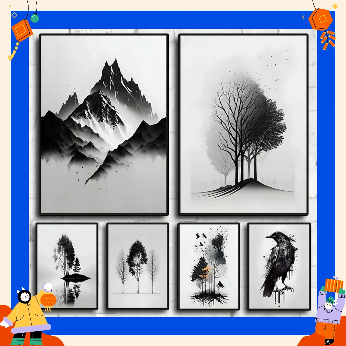 Minimalist Black and White Mountain Tree Crow Landscape Poster Print Canvas Painting Abstract --2026 NEW-