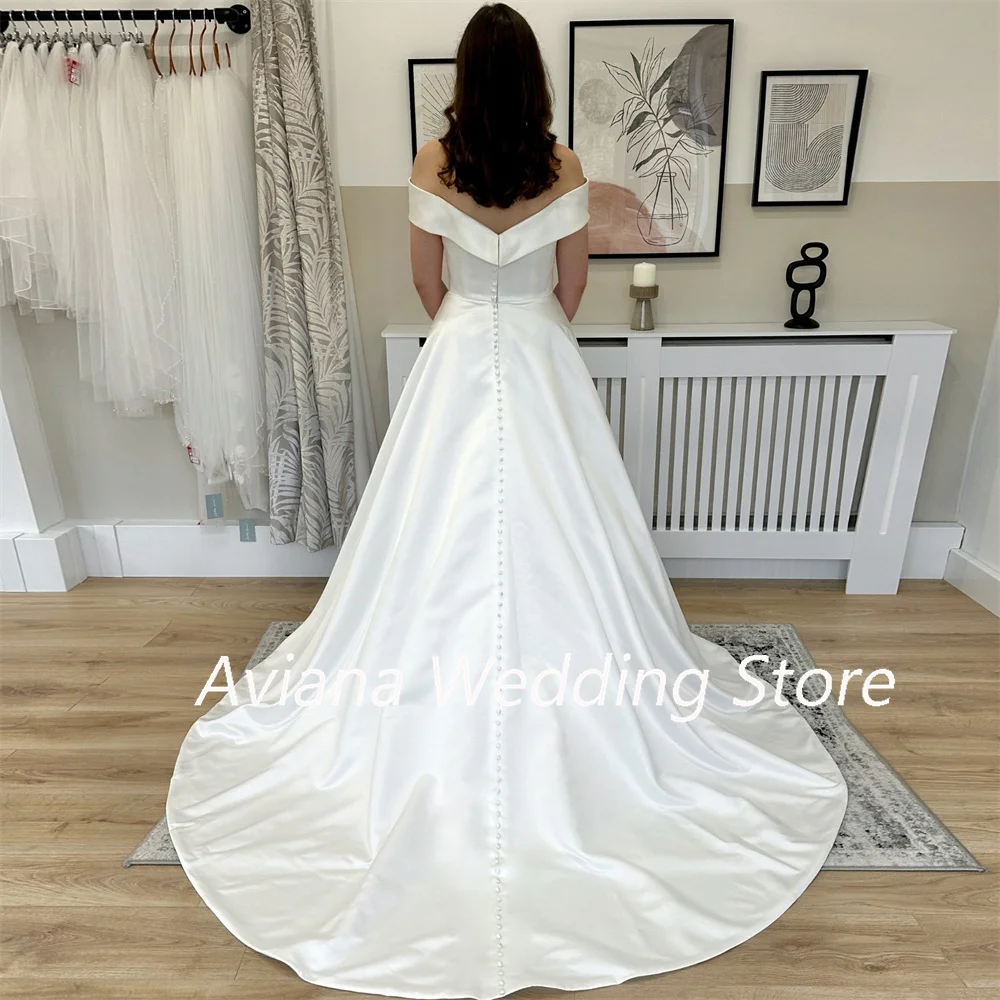 Customized Satin Off Shoulder Elegant Minimalism Wedding Dresses With Pockets Sweetheart A Line Sweep Train Brides Gown 2025