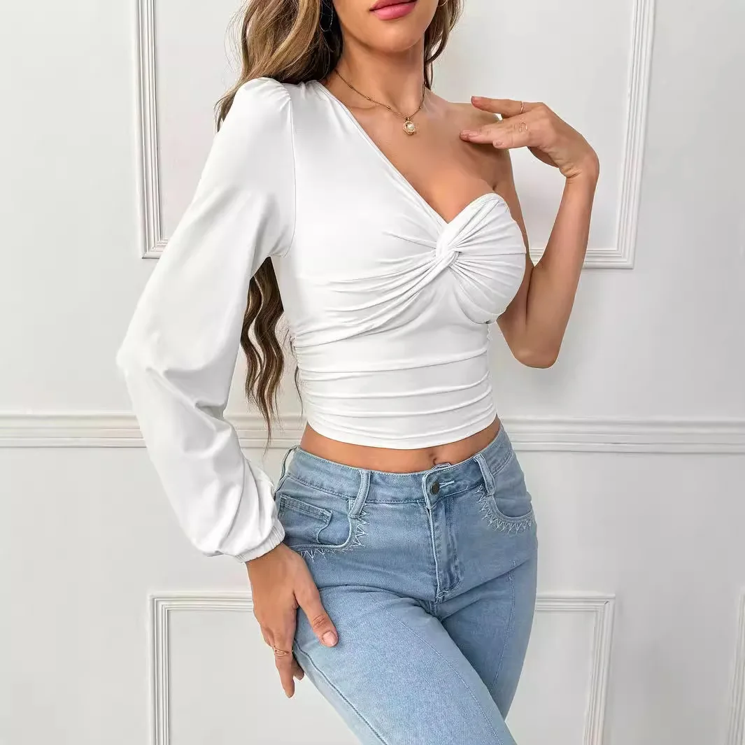 

Unique Design Sense T-irt Cross-Border Autumn Winter Irregular Single-Side Long Sve Women's Faion Knitted Thi Polyester