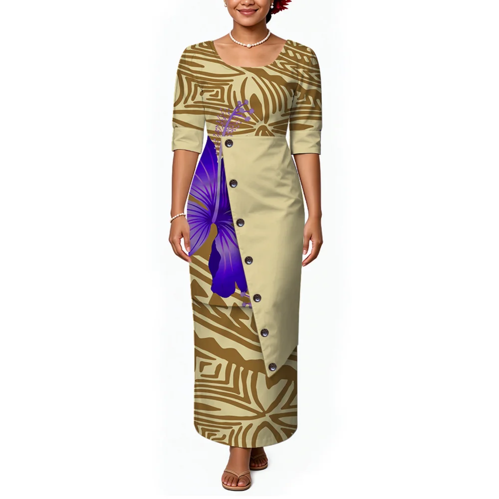 Samoa Tonga Art Design Women'S Long-Sleeved Dress With Sexy Round Neck, Long Skirt Body Hanger Opening Evening Gown