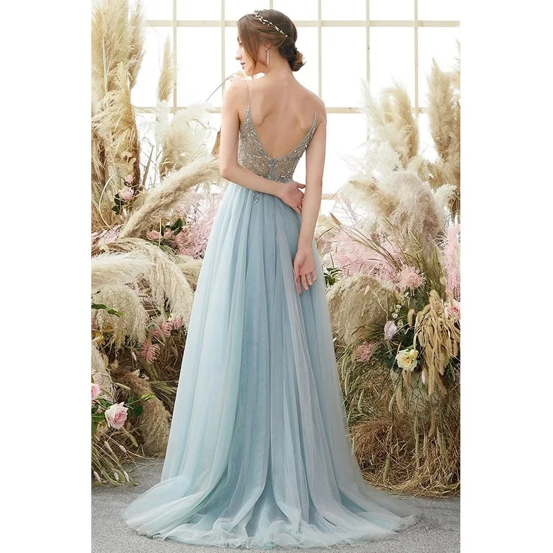 Luxury Evening Gowns Appliques Spaghetti Strap Backless Prom Dresses Sexy A-line Bridesmaid Gown For Women Wedding Party Dress