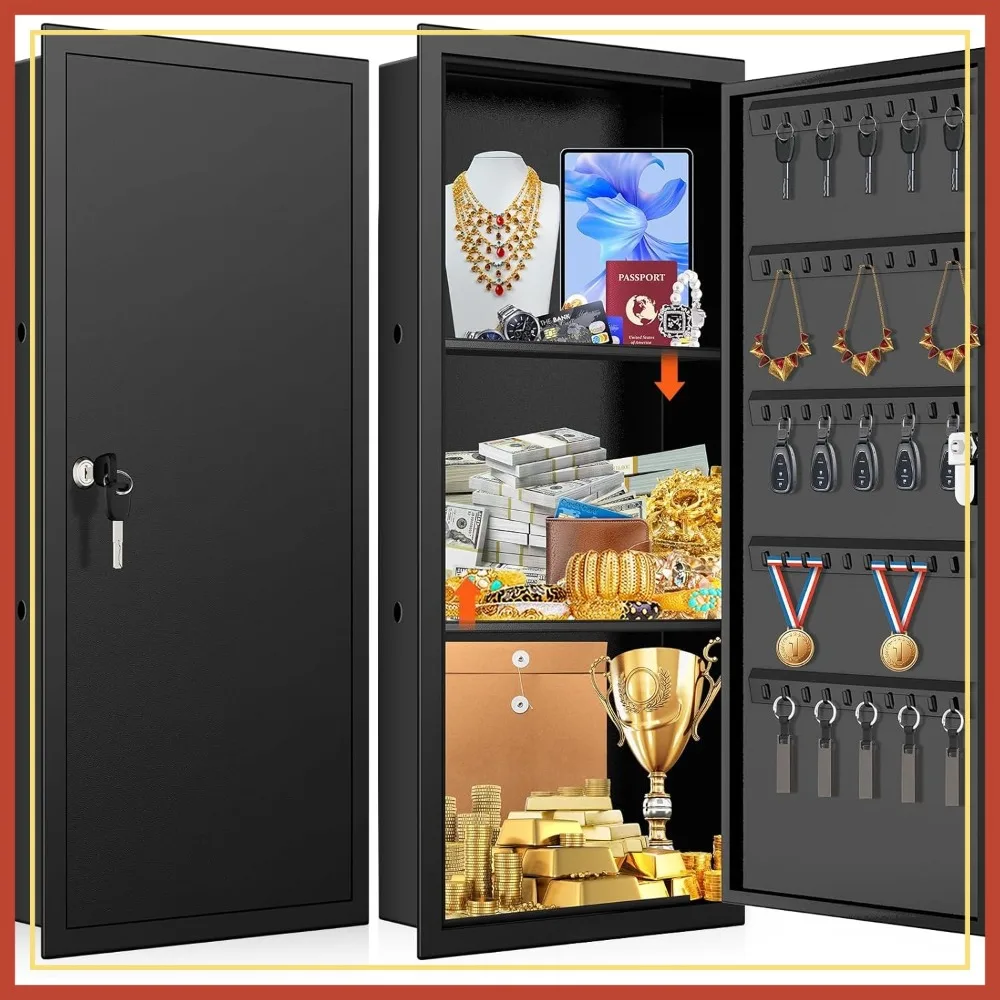 31.5" Tall Wall Safe Between Studs with 2 Shelves, Lockable Hidden Box with 50 Hooks for Keys, Jewelry, Money, Valuables