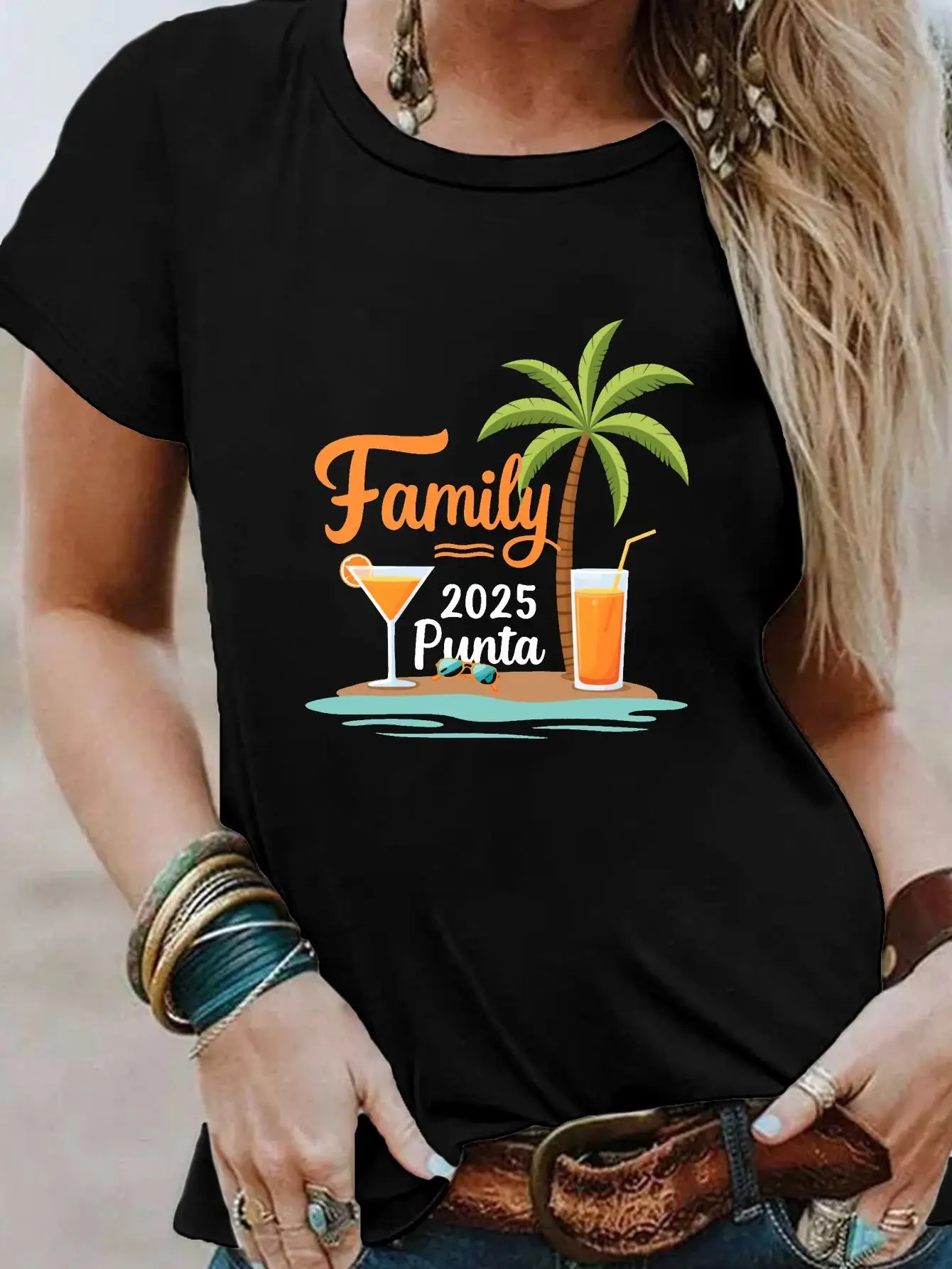 Family Punta 2025 Vacation Theme Print T-shirt, Short Sleeve Crew Neck Casual Top for Summer & Spring, Women's Clothing