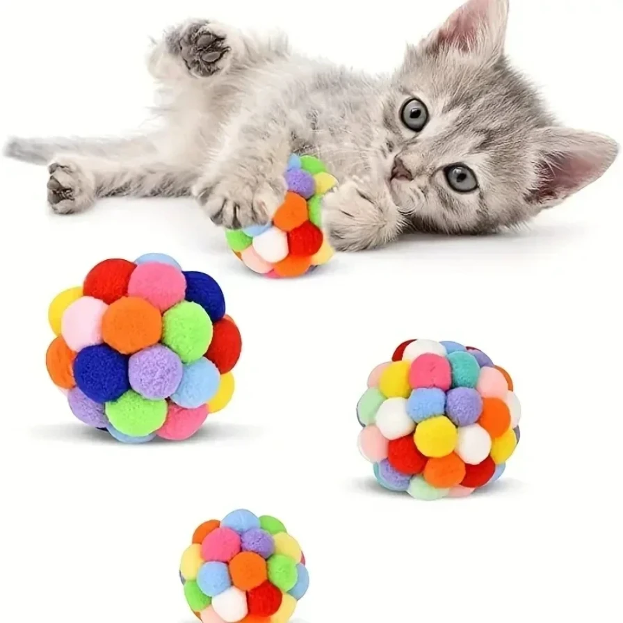 1PCS Cat Toys Cat Plush Ball Toy Pet Elastic Bell Ball Self Hi Ball Playing Cat Colorful Woolen