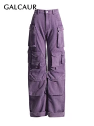 GALCAURstreetwear, pantalones Cargo informales de mezclilla lisos para mujer, pantalones holgados minimalistas Vintage con bolsillos de almazuela de cintura alta para mujer