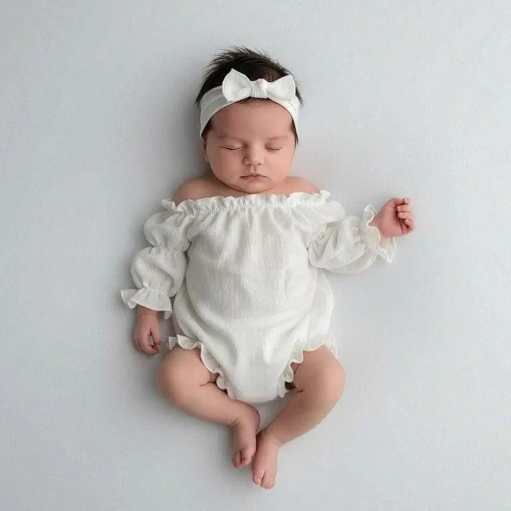Newborn Photography Prop Set with Off-Shoulder Bow Romper - Perfect Baby Photo Shoot Outfit Studio Essentials