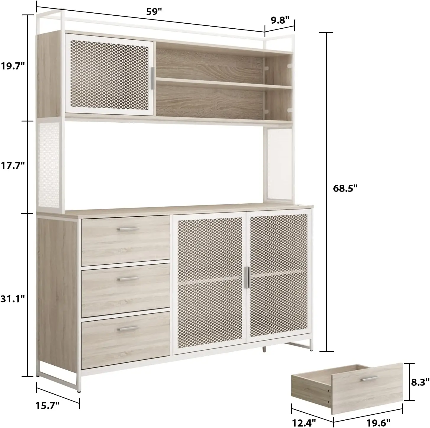 Aegle-Grande Armário De Armazenamento De Cozinha, Armário De Despensa com Hutch, Armário De Armário De Metal, Porta De Malha, Gaveta e Microondas