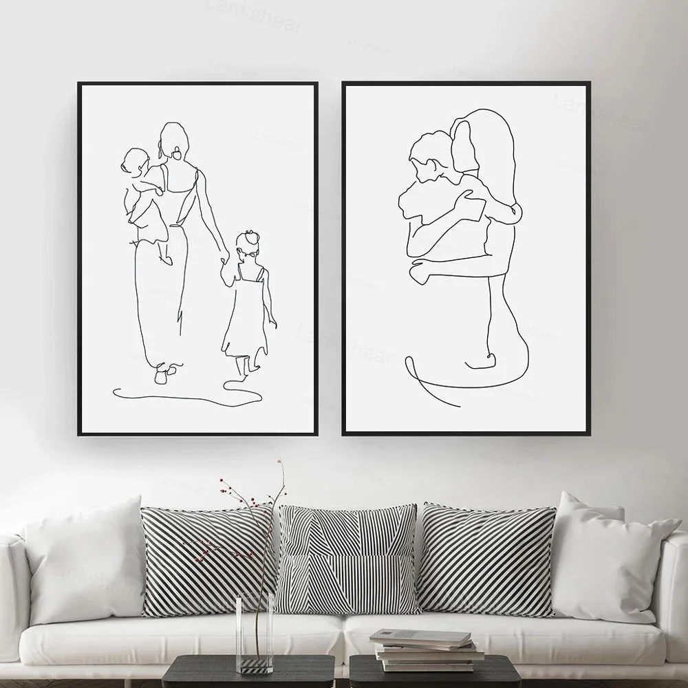 Mother And Daughter Son Art Line Drawing Posters Abstract Minimalist Wall Art Canvas Print Painting Moder Decorative Pictures