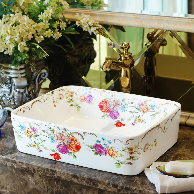 

Europe style chinese wash basin Jingdezhen Art Counter Top ceramic basin sink vessel wash basin bathroom sinks gold