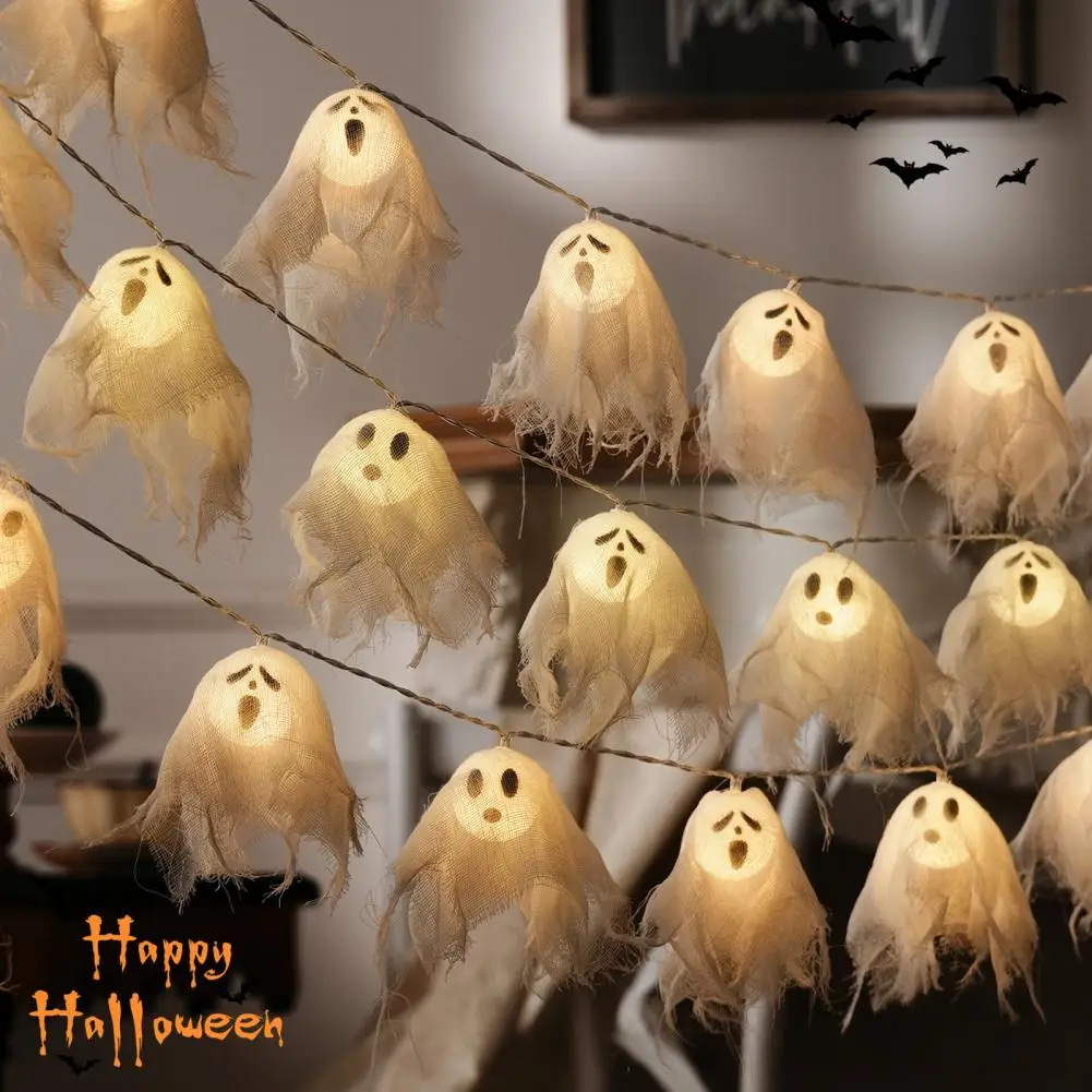 ทําด้วยมือ LED ฮาโลวีน Ghost String ไฟ Spooky เตาผิง Garland สําหรับตกแต่งปาร์ตี้ฮาโลวีน Haunted House