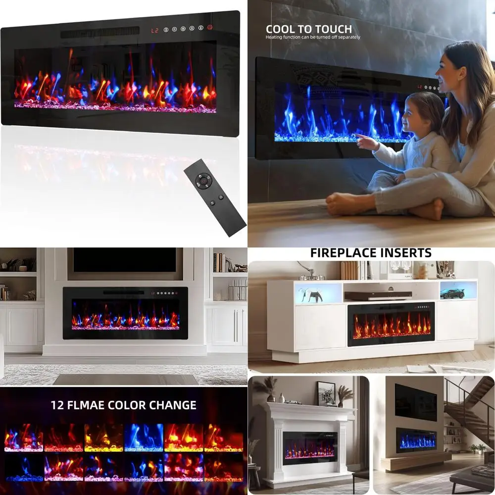 Электрический камин, 36 дюймов — настенный камин для подставки под телевизор, пульт дистанционного управления, 12 цветов пламени, встраиваемый камин Des