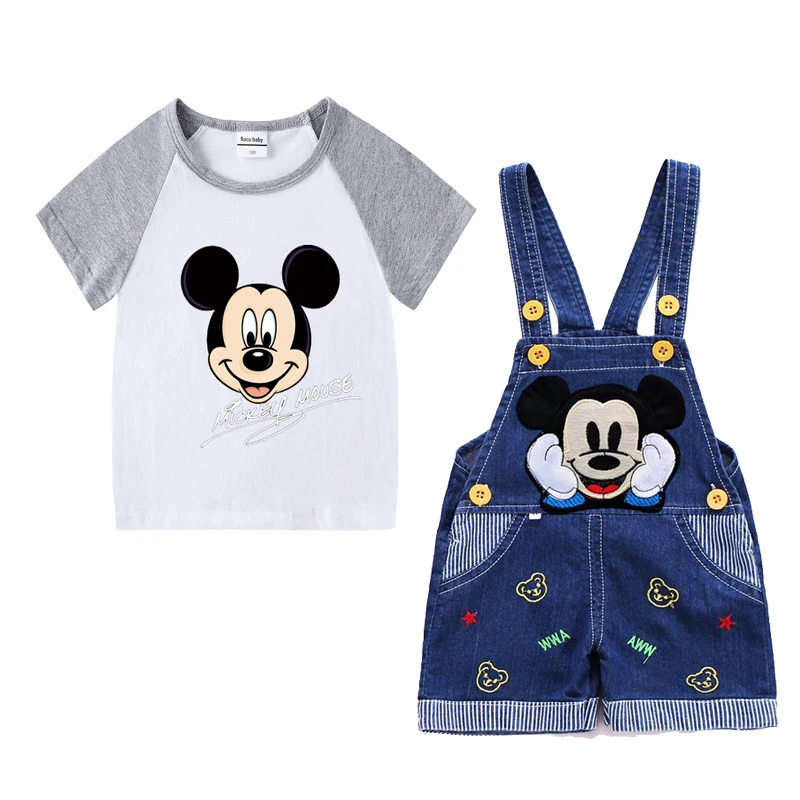 Baby Boy Clothes Mickey Mouse Suits Cotton T-shirt+ Belt Denim Shorts Infant Toddler Set 1-4 Years Boy Summer Clothing Set Ropa