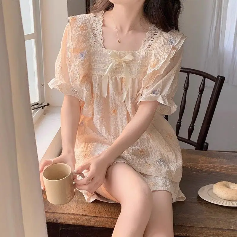 

Sweet Chic Women's Pajamas Set Summer New Square Neck Lotus Leaf Edge Shirt+ Wide Leg Shorts Beautiful Two Pieces Set for Women