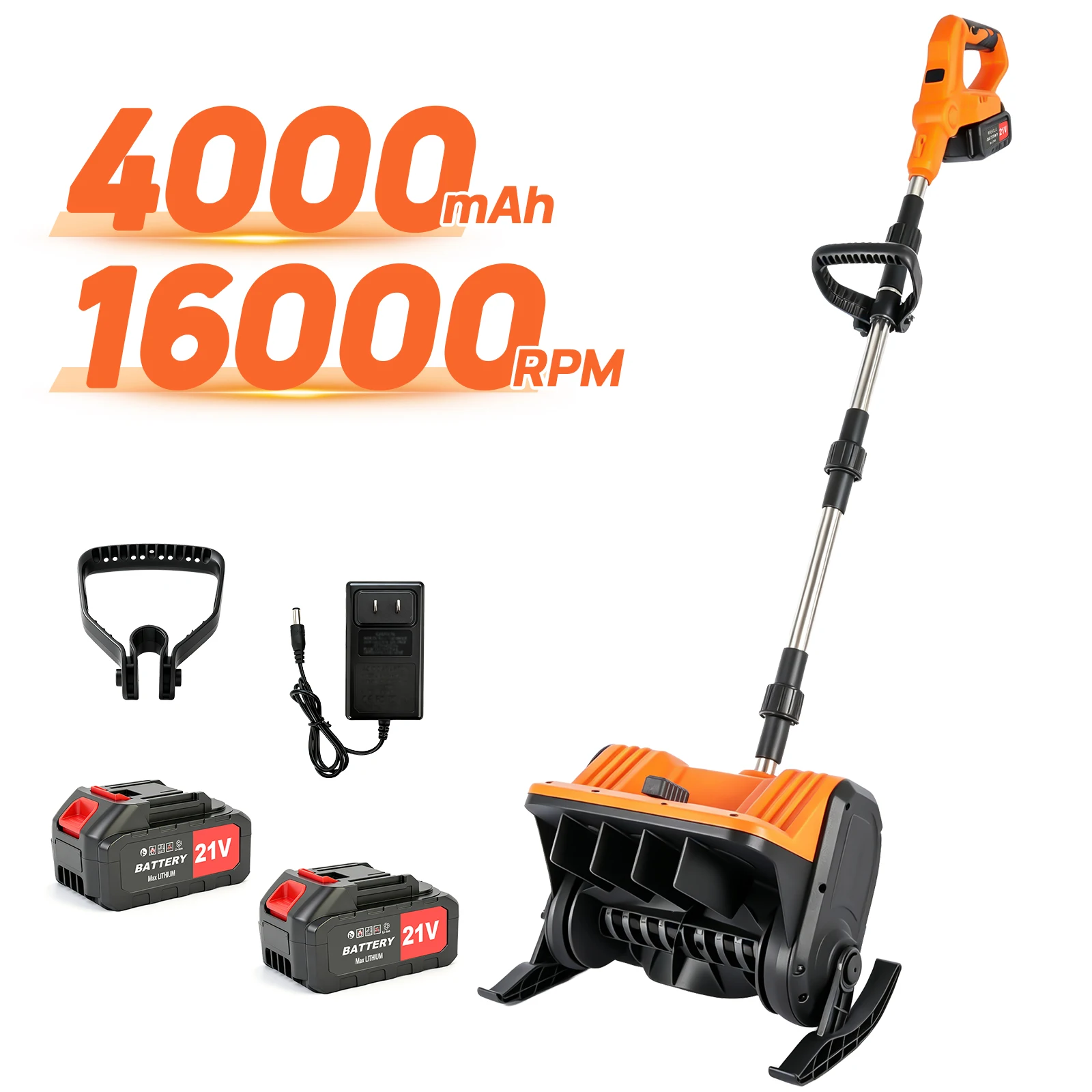 13-Inch 3-Fold Cordless Electric Snow Shovel Brushless Foldable Design with Ski Wheels 21V With 2 x 4.0Ah Batteries for Driveways Steps Patios and Sidewalks
