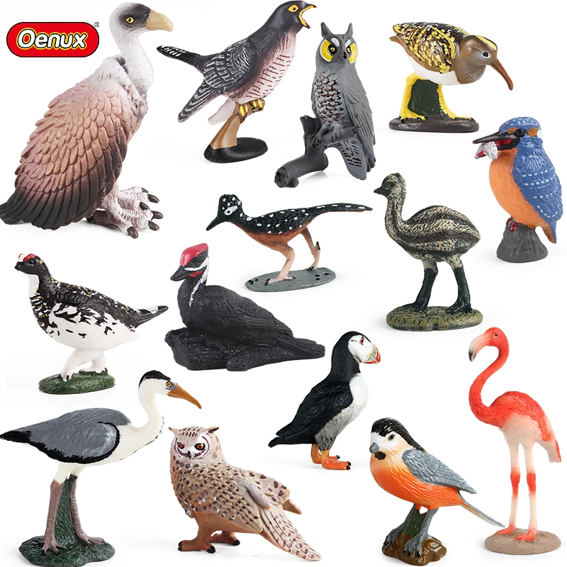 Oenux-figuras de acción de aves del bosque, figuritas de animales salvajes, avestruz, Urraca, búho, Cuervo, flamencos, decoración de jardín de PVC, juguete en miniatura para niños