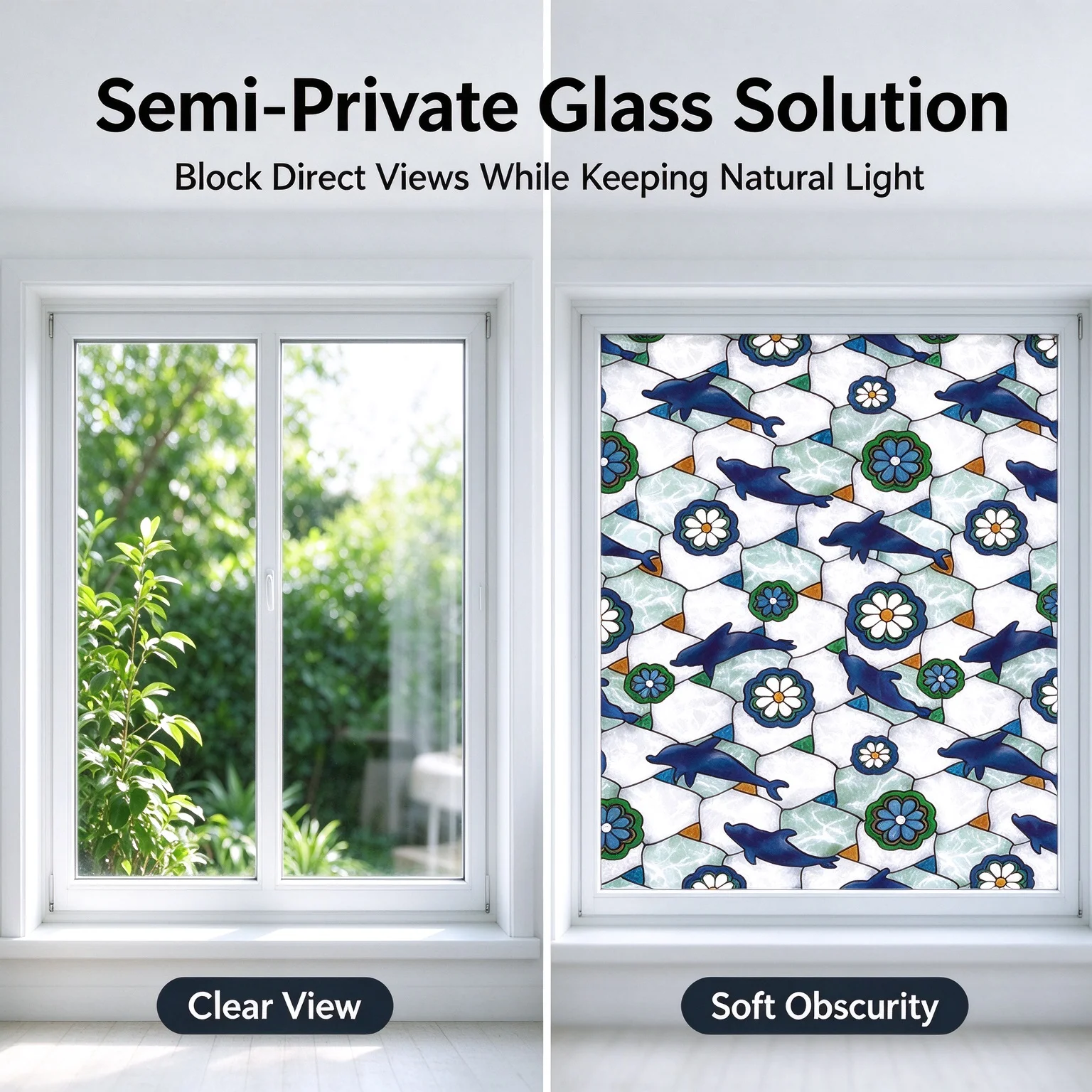 Painted Dolphins Privacy Window Film Static Cling Decorative Glass Sticker Anti UV Heat Control Frosted Window Cling for Home