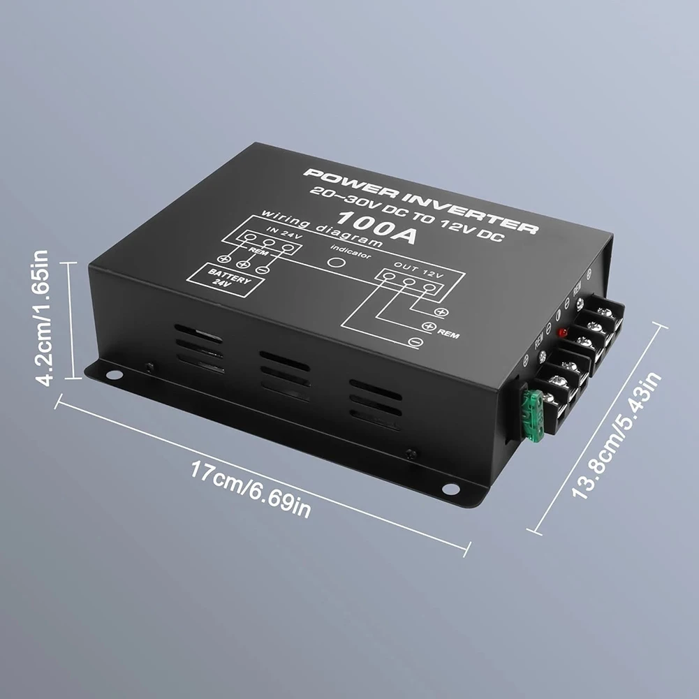 24V to 12V 100A DC Power Converter 1200W with Dual Fan Cooling and High Strength Metal Enclosure for Transport Use