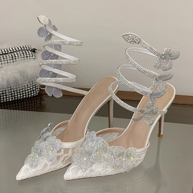 Liyke Elegant Woman Wedding Banquet Shoes Sexy Crystal Rhinestone Flower Ankle Snake Twine Around Strap Women Pumps High Heels