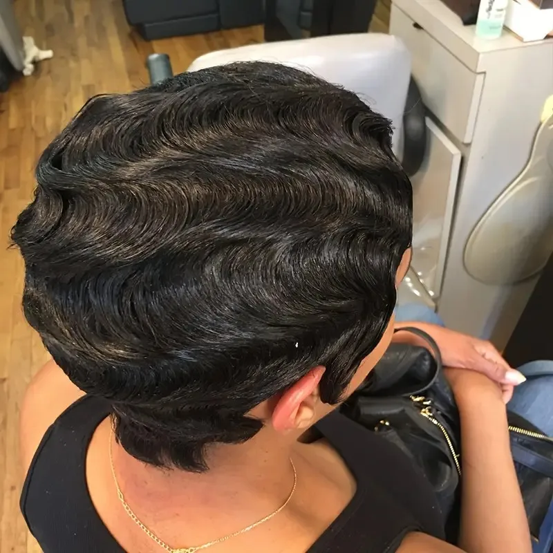 흑인 여성용 짧은 곱슬 픽시컷 전체 기계 제작 가발 100% 인모