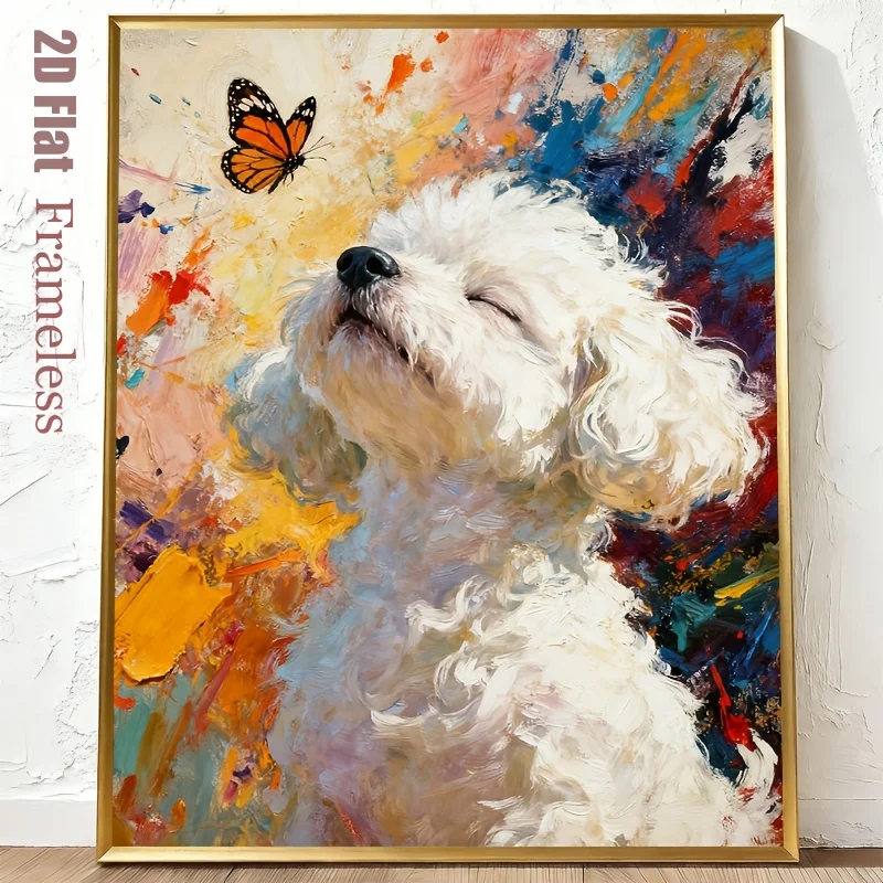 Adults Paper Puzzle Impasto Style White Curly Dog & Monarch Butterfly Painting Creative Leisure Hobby Home Art Decor