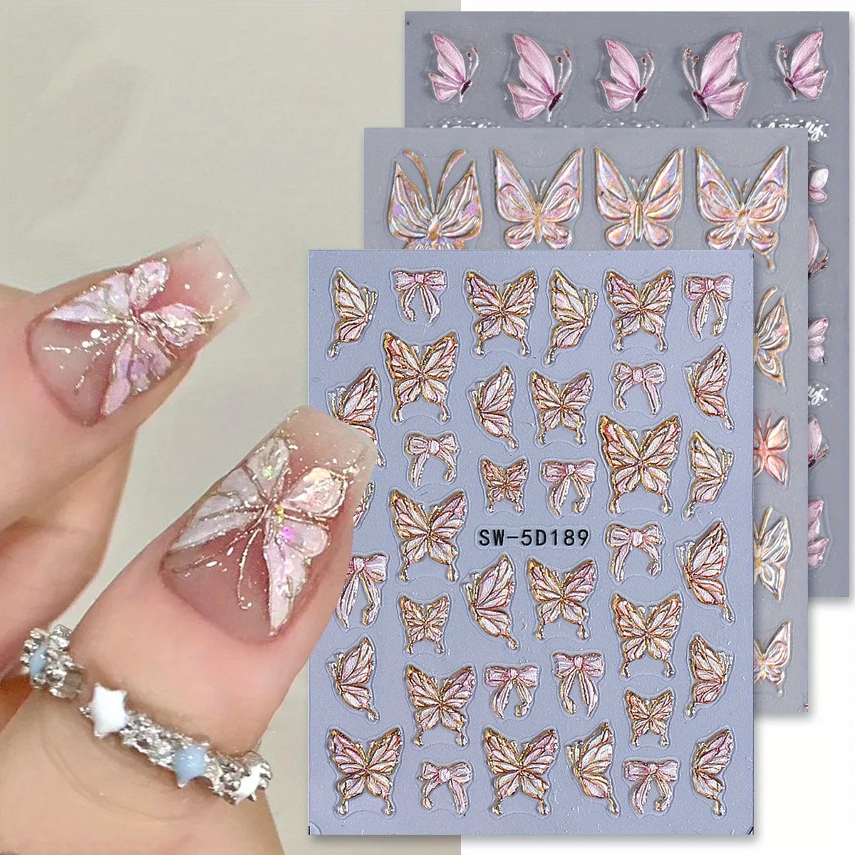 3 pezzi 5D Aurora Fata Farfalla Adesivo per unghie in rilievo Conchiglia di cristallo Ali d'angelo Design dell'arco Grazioso Shimmer Decalcomanie Manicure Decor