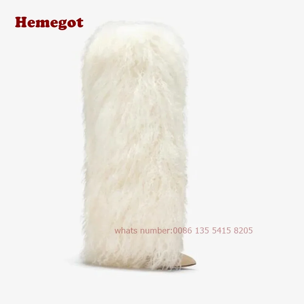 Black Mongolian Fur Stiletto Boots Thin High Heels Plush Fluffy Women\'s Boots Casual Pointy Toe Solid Elegant Runway Shoes Sexy