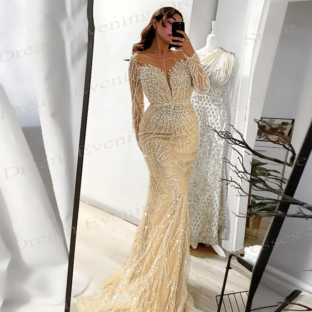 2025 Exquisite Shiny Mermaid Charming Evening Dresses Long Sleeves Beading Prom Gowns Customized Robes De Soirée For Women Party