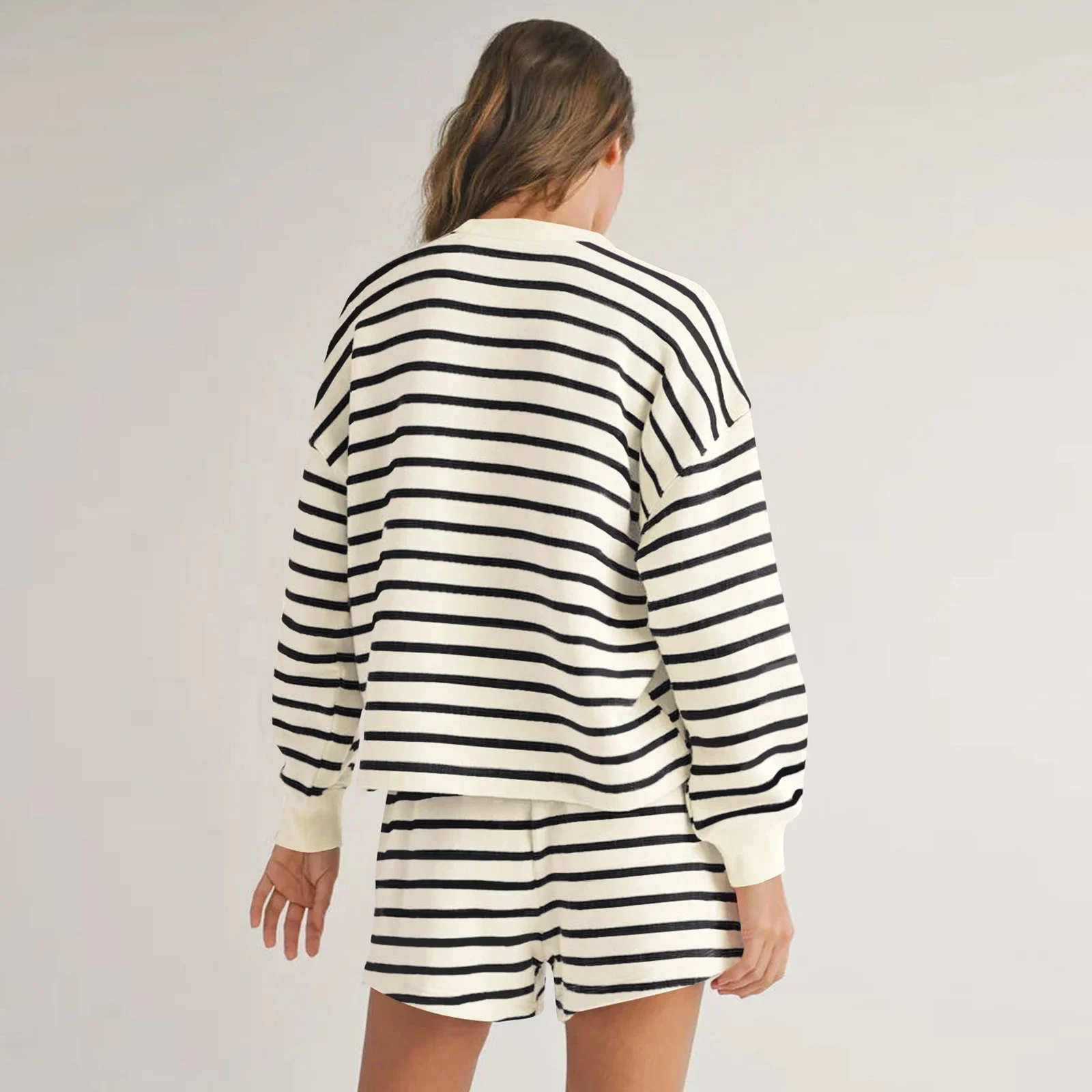 Women Fashion Striped Shorts Set Fall Long Sleeve T-shirt with Elastic Waist Shorts Summer Outfit Clothes Set image 2