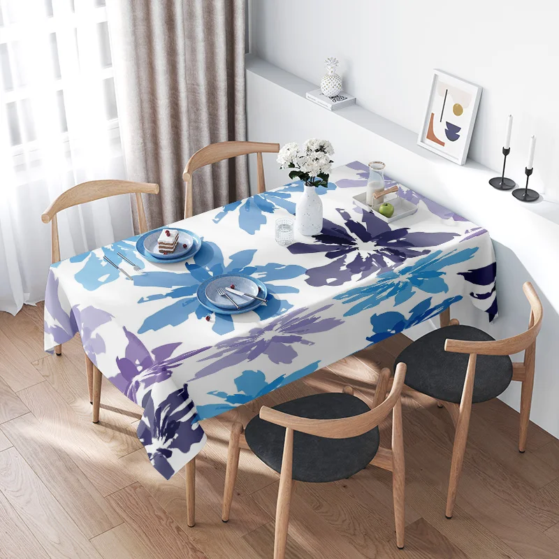 

Modern Dining Tablecloth: Floral Printed Polyester Round Table Cover Elegant Blue Purple Design for Home Decor Easy Care Washabl