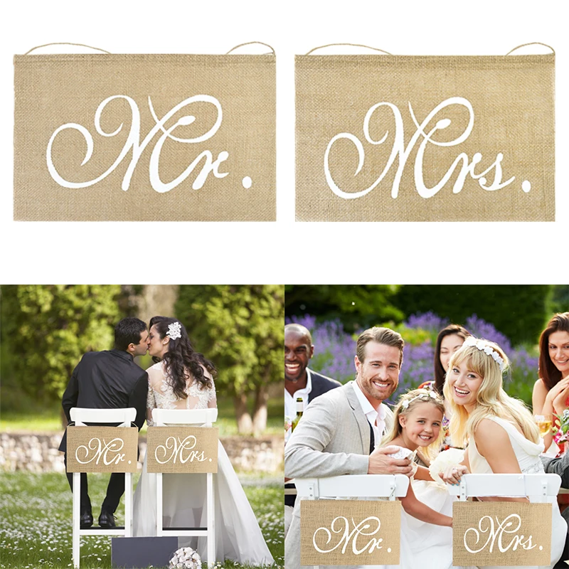 

2Pcs/Set Mr Mrs Wedding Chair Banner Jute Burlap Flags Hanging Sign Vintage Rustic Wedding Decoration Photo Props Party Supplies