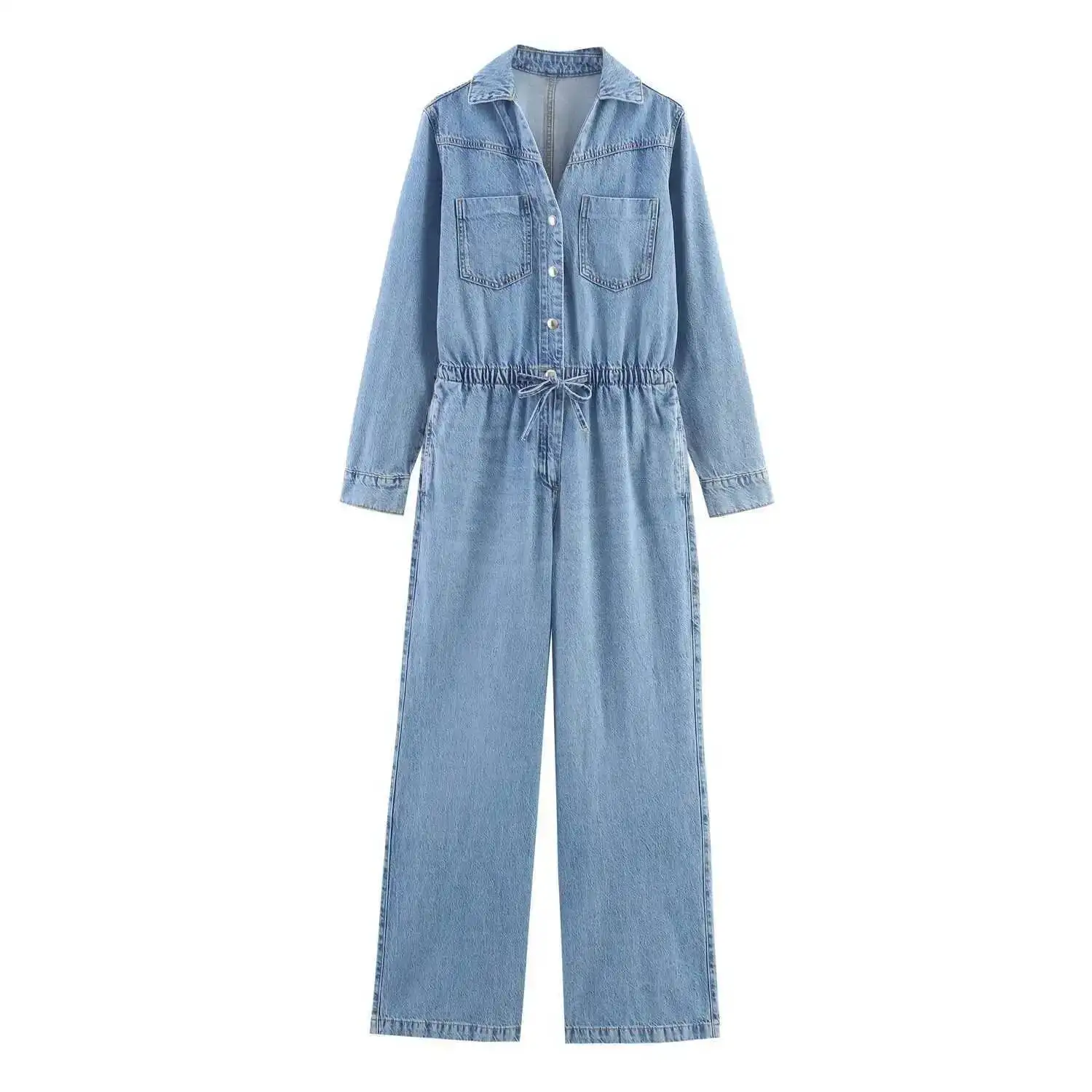 

Adjustable Sleeve Overalls New Women's Denim Long Waist Flip Collar Summer Fashionable One-Piece Suit From Mainland China