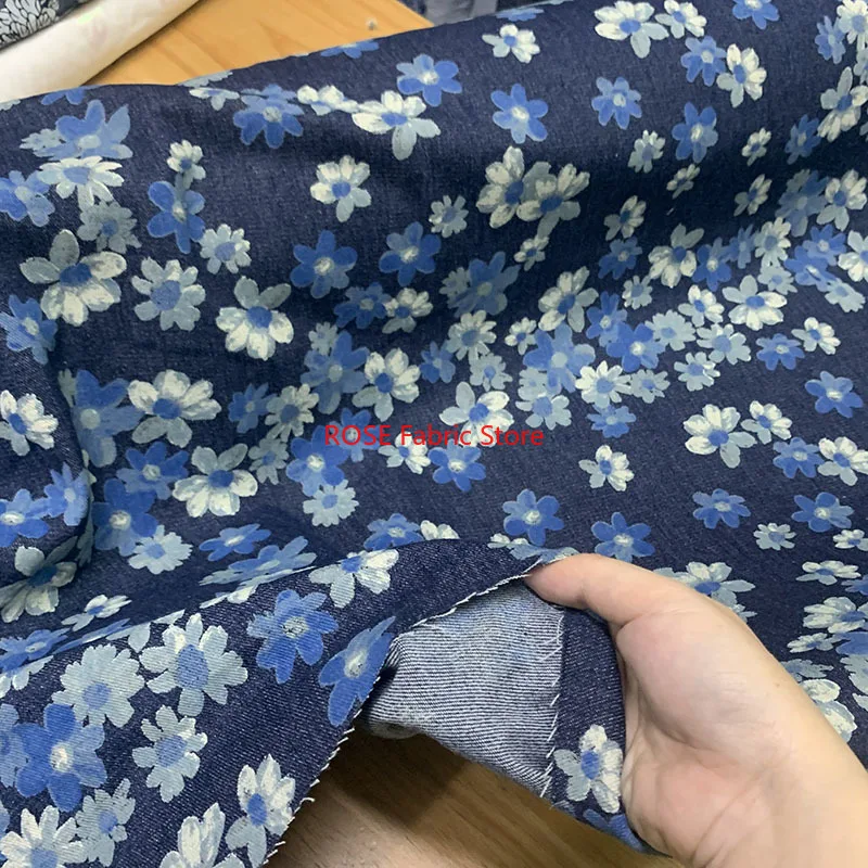 1 Meter Blue white Flower Printed Soft Jeans Fabric For Dress, coats, shirts, pants, bags, DIY hand sewing Fabric
