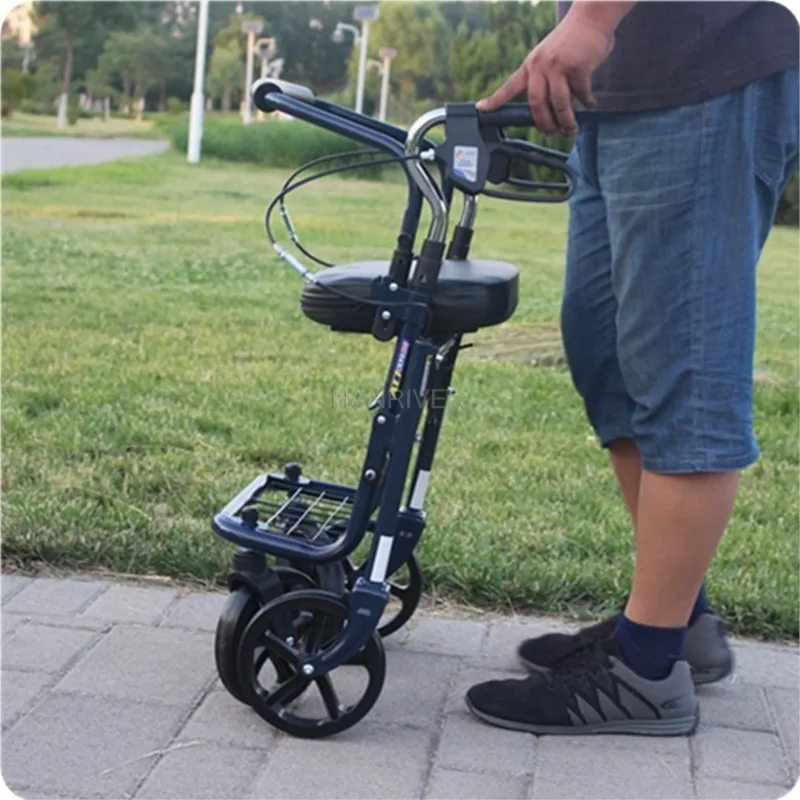 Folding shopping scooter for the elderly portable trolleys with four wheels can be pushed and seated to buy vegetables