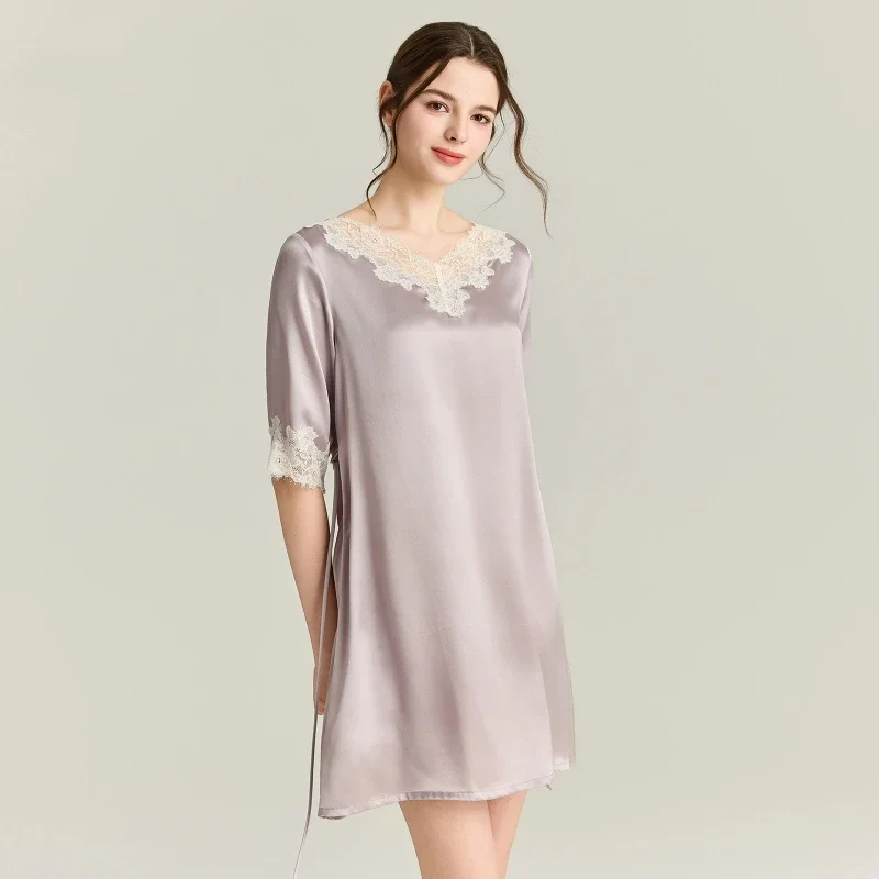 

French Style 19MM 100% Real Silk Women Nightwear Belted Home Nightdress Sleepwear V Neck Nightshirts Lace Trim Chemise Nightgown